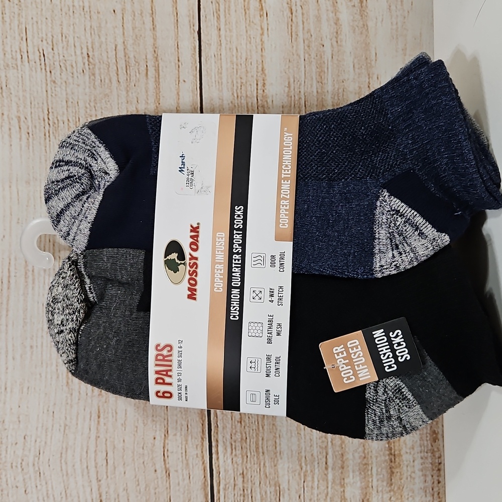 NWT Mossy Oak Copper Infused Cushion Quarter Sport Socks 6 pair 10-13